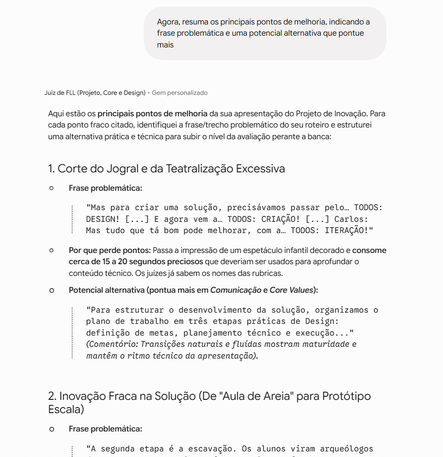 IA Juiz de FLL listando pontos de melhoria e frases alternativas para a apresentação